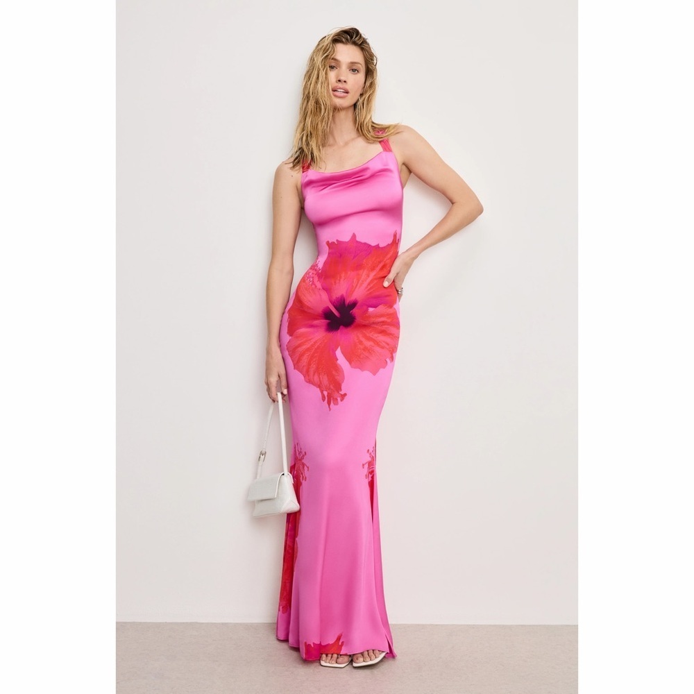 Good American Satin Lace Up Maxi Dress in Pink Hibiscus002